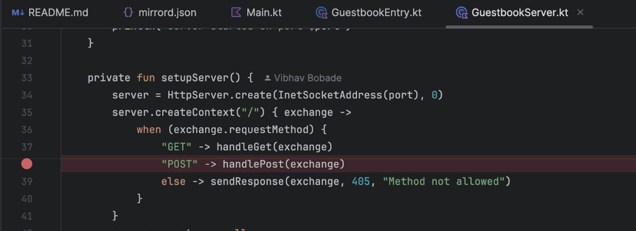 screenshot setting a debug breakpoint