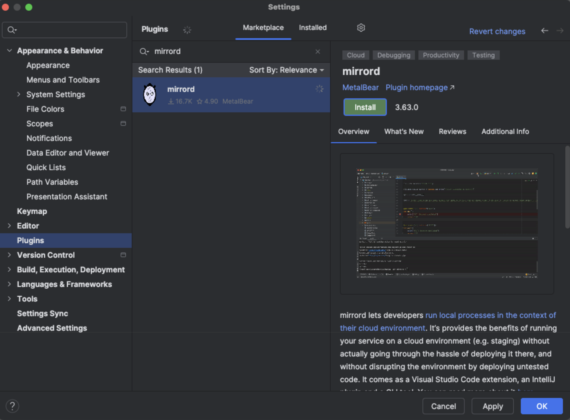 screenshot of mirrord plugin